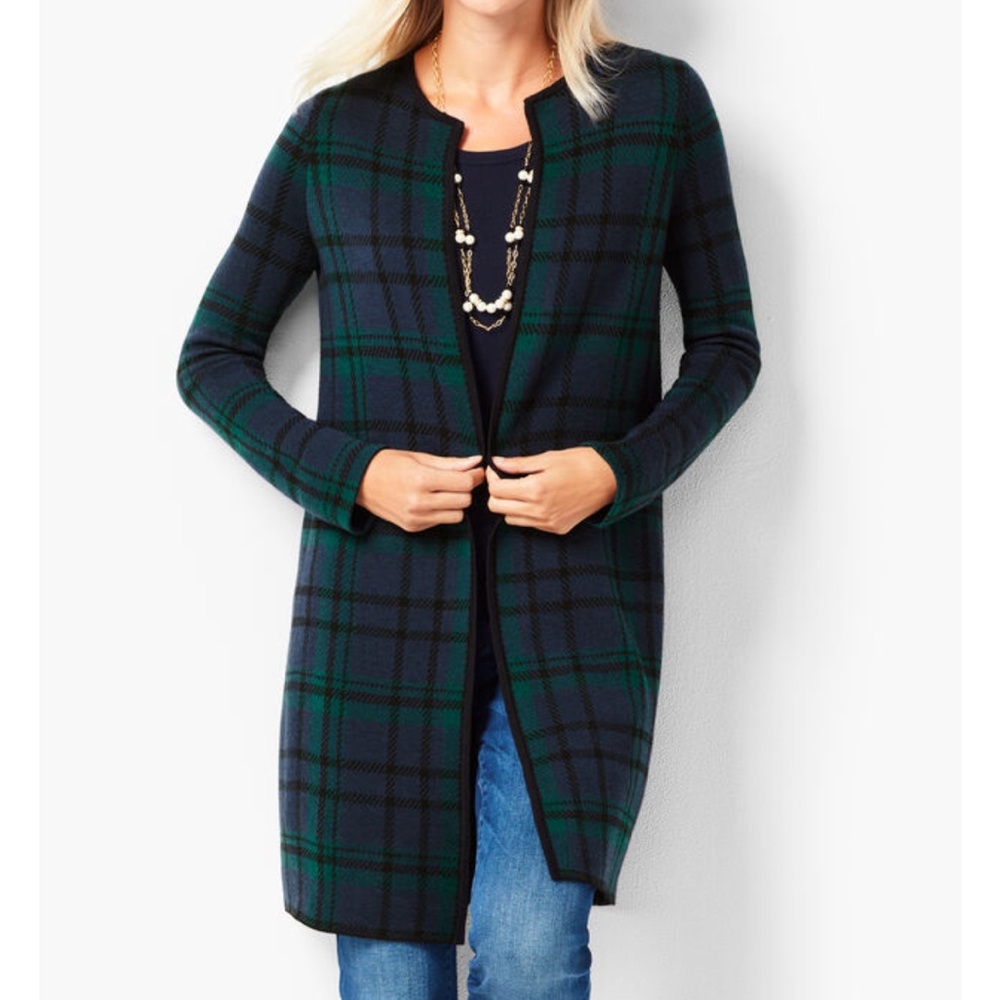 Talbots Black Watch Plaid Open Front Merino Wool Cardigan